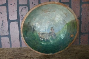 antique primitive folk art hand painted wood bowl 11 by 12 inch 100+ years old - Imagen 1 de 3