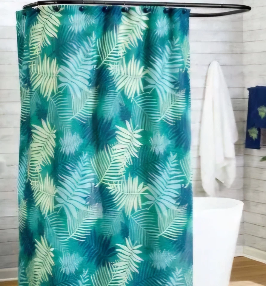 Cortina de ducha hojas de palma tela verde azulado verano playa Foto 1 de 1