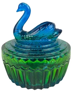 VTG Jeannette Clear Blue Green Swan Trinket W/lid Saw Tooth Edge Vanity Piece - Picture 1 of 7