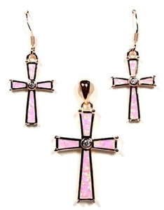 Rosa Feueropal Rotgold Silber Kreuz Ohrringe Anhänger Halskette 18" lang - Bild 1 von 3
