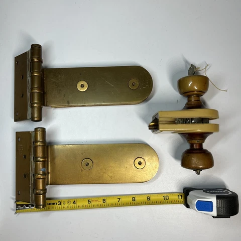 2 Vintage Steel Bronze Glass Panel Inset Door Hinges Door Knob & Key Cover