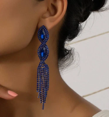 Dark Blue Long Rhinestone Tassel Earrings Wedding Bridal Pageant Prom Royal Navy - Image 1 of 4