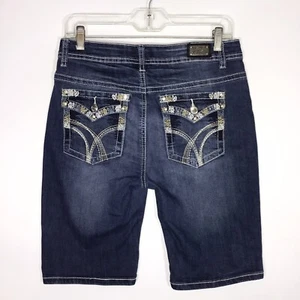 Earl Jean Womens 8 Bermuda Shorts Embellished Flap Pockets Blue Denim Stretch - Picture 1 of 12