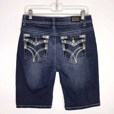 Earl Jean Womens 8 Bermuda Shorts Embellished Flap Pockets Blue Denim Stretch - Image 1 of 4