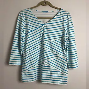 J. McLaughlin Blue & White Stripe V-Neck Catalina Cloth Stretch Coastal Top Sz L - Picture 1 of 11