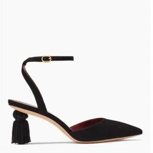 Kate Spade Voila Pumps Tassle Heels Sz 8 B Black Kitten Ankle Strap Pointed Toe - Picture 1 of 8