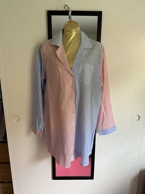 Nuevo $95 Cynthia Rowley Rayas Azul Rosa Pijama Camisa Manga Larga Botones Talla S Foto 1 de 4
