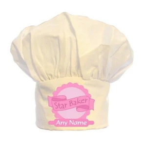PERSONALISED PINK STAR BAKER PRINT CHEFS HAT POLYESTER BBQ BIRTHDAY CHRISTMAS - Picture 1 of 2