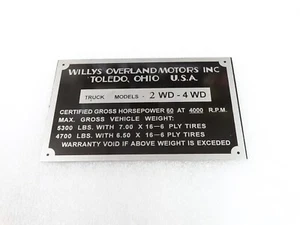 DATA PLATE FOR WILYS OVERLAND TRUCK #314-8 - Imagen 1 de 6