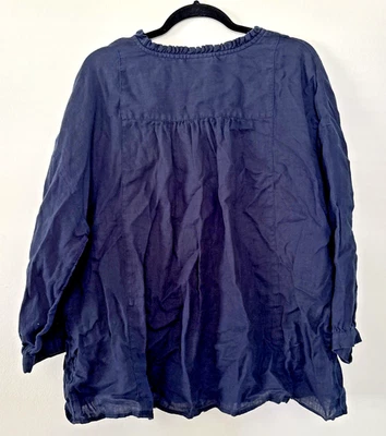 J Jill Love Linen XL Navy Blue 3/4 Sleeve Blouse Shirt Top Button Ruffle Neck - Image 1 of 4