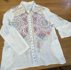 John Mark XL 100% White Linen Tunic Shirt Embroidered Side Pockets Tab Sleeves - Picture 1 of 21