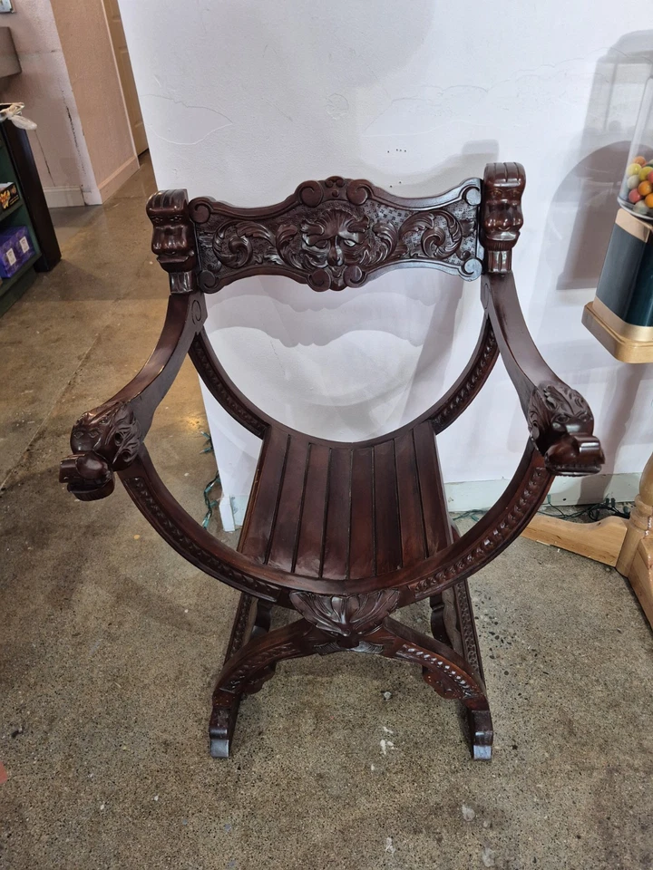 Antique Italian Savonarola Dante Chair Carved Oak Renaissance Lion Shield - Image 1 of 1