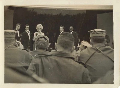 Marilyn Monroe Korea 1954 USO Tour Smiling Mic Vocal Group GI snapshot Photo - Image 1 of 2