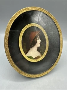 Vintage Painted Woman Porcelain? Art Oval Shaped Metal Frame Table Top Gold Trim - Picture 1 of 11