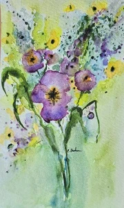 Original Signed Watercolor Painting. Vibrant. Abstract. Floral.Colorful. Purple - Picture 1 of 2