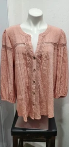 Perch By Blu Pepper 3/4 Sleeve Blouse Crochet Lace Trim Button-Up Size 2XL - Bild 1 von 7