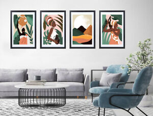 African Abstract Traditional Cool Set of 4 A4 A3 A2 Framed Prints Art Botanical