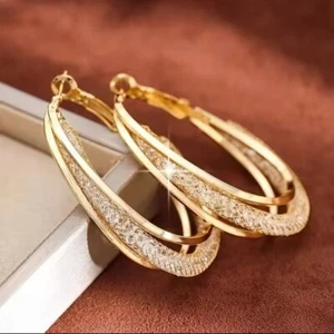 Twisted Hoop Inlaid Mesh Zirconia Gold Tone Earrings - Picture 1 of 9