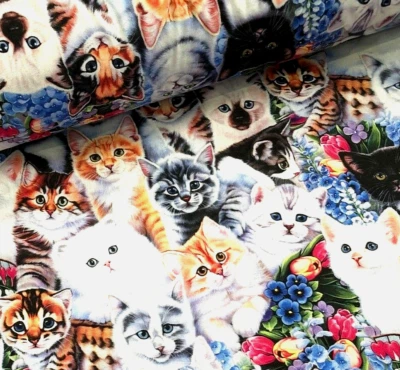 Stoff Meterware Baumwollstoff Patchwork Katze Süße Katzenbabys Blumen Muster - Bild 1 von 4
