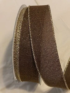 5 Yds. BROWN with GOLD SPARKLE WIRE EDGE RIBBON 1 1/2" Wide - Picture 1 of 1