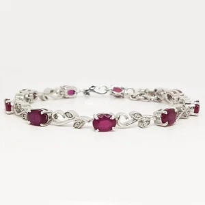 Pink Ruby 4Ct Oval Cut Lab Created Women's Tennis Bracelet 14K White Gold Plated - Picture 1 of 3