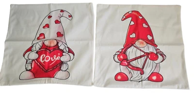 Set of 2 Valentines Day Gnomes Soft  Pillow Covers 18" x 18" Red Hearts w/Zipper - Image 1 of 4
