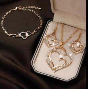 Crystal Heart Jewelry Set with Necklace Bracelet Earrings Women's Gift 96-1 - Picture 1 of 16