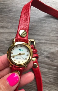 LA MER COLLECTIONS Women's Red Leather Wrap Watch with Gold Face NEW - Picture 1 of 3