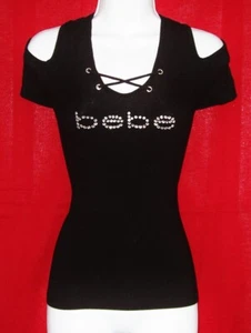 BEBE WOMEN'S SWAROVSKI CRYSTAL RHINESTONE LOGO OPEN SHOULDER TOP STRETCHY L NWT - Picture 1 of 8