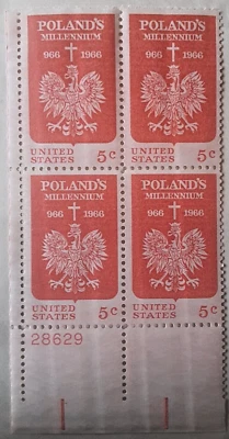 966-1966 Poland's Millennium 5c / 5 Cent Stamp Plate #28629 Block of 4 Env#1 MNH - Image 1 of 2