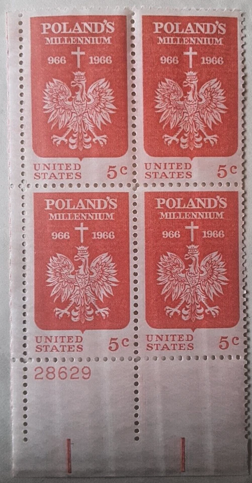 966-1966 Poland's Millennium 5c / 5 Cent Stamp Plate #28629 Block of 4 Env#1 MNH - Image 1 of 2
