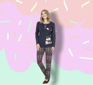 Women Pajama Set_Long Sleeve Top and Pant Set_Lounge Wear_Sleepy Cat (Size: L) - Picture 1 of 5