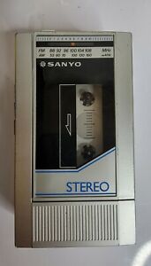 Vintage Sanyo Portable AM FM Stereo Cassette Player With Headphones & belt clip
