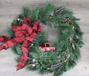 Christmas Garland Red Truck Plaid Bow Front Door Artificial Pine Wreath 24" - Picture 1 of 8