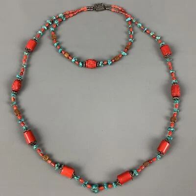 VINTAGE Corallo Turchese Argento Sterling Doppio Collana - Immagine 1 di 4