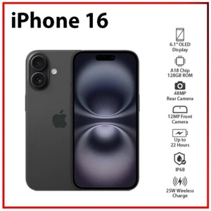 (New) Apple iPhone 16 5G 8GB+128GB BLACK Dual SIM Unlocked iOS Mobile Phone - Picture 1 of 8