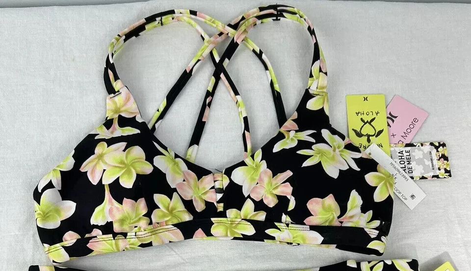 Top Hurley Bikini Max Plumeria Cuello Redondo Tirantes XL Negro/Verde Foto 1 de 2