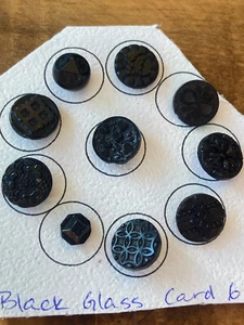 10 vintage Victorian black glass mourning buttons: round with raised designs - Picture 1 of 9