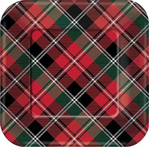 Holiday Plaid Red Winter Christmas Party Bulk 9" Paper Square Dinner Plates - Image 1 of 1