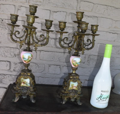 par de candelabros antiguos spelter metal porcelana placa paisaje decoración Foto 1 de 4