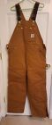 CARHARTT Bib Overalls Cotton Duck Material 38X32 Tan Brown Red Quilted Lining