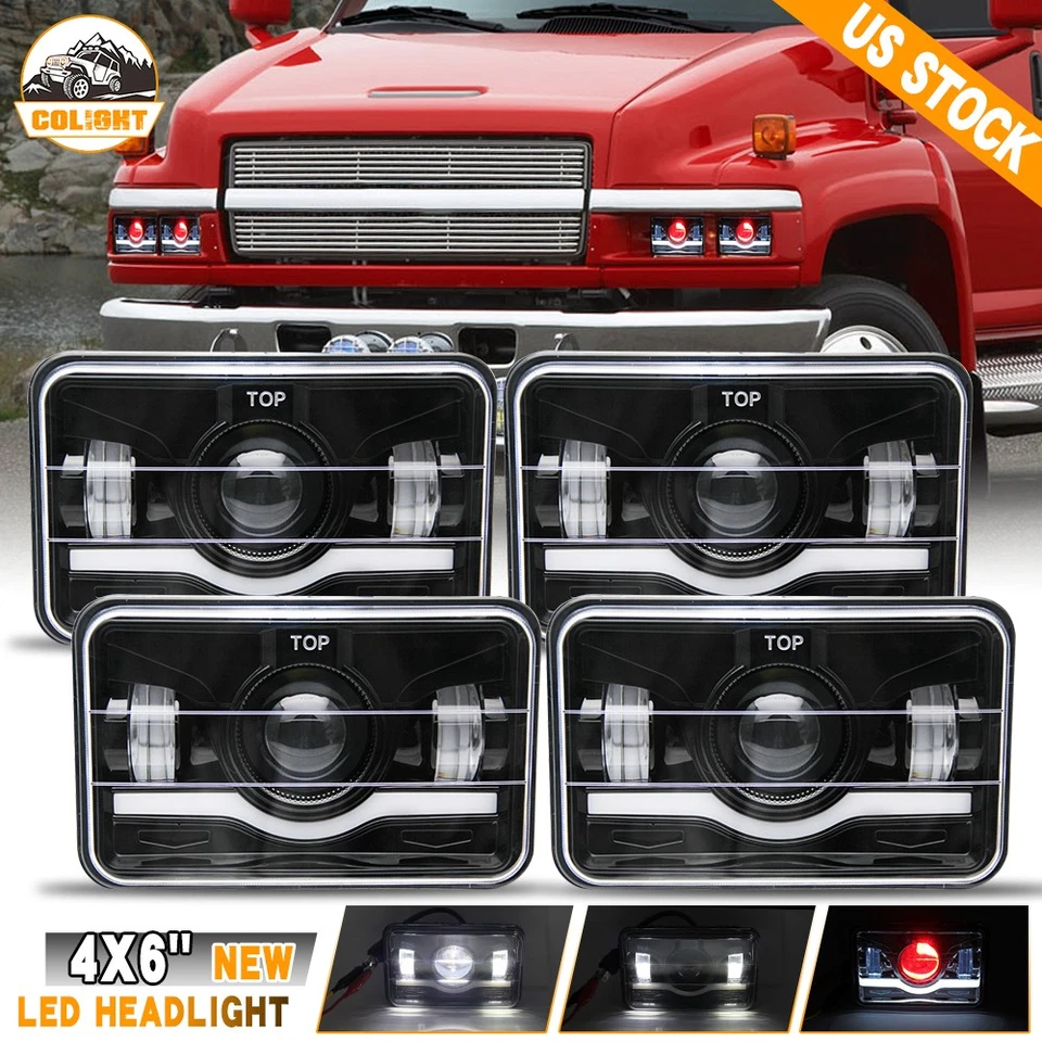 4X LED Headlights 4X6" 2003 to 2009 fit Chevy Kodiak C4500 C5500 Sealed Red Halo - Image 1 of 4