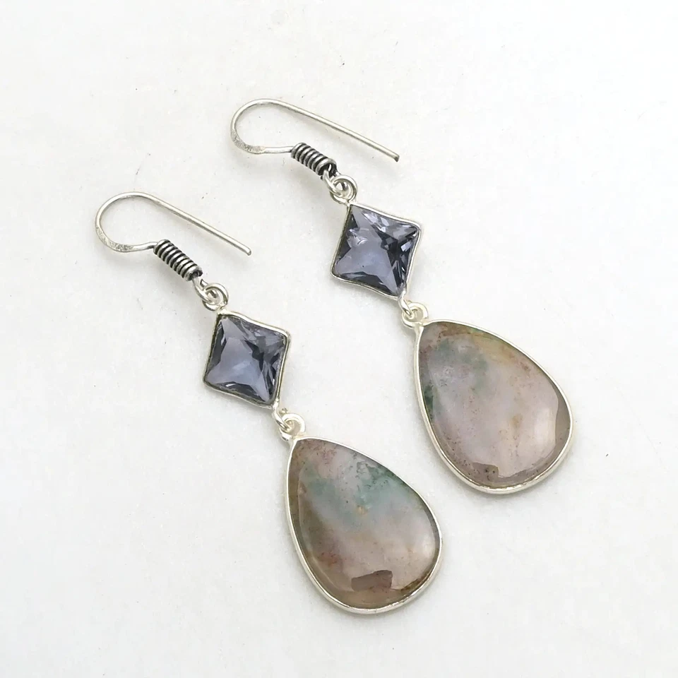Moss Agate Amethyst Gemstone Handmade Drop Dangle Earrings Jewelry 1.8" AE-90410 - Image 1 of 1