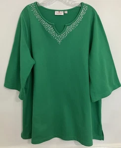 Quacker Factory Sequin V-Neck Top 2X Green Embellished Holiday Fall Christmas - Picture 1 of 5