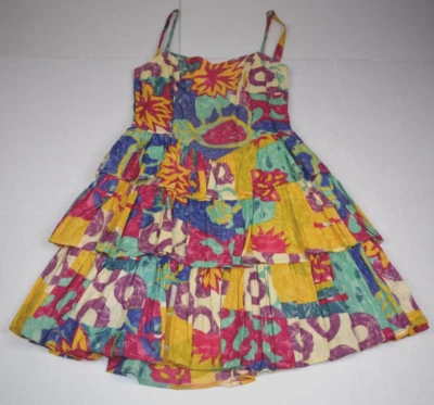 Dress VTG 60s Fruit Salad of Tropical Colors Ruffles Ruched Back Sz S/M - Image 1 of 4