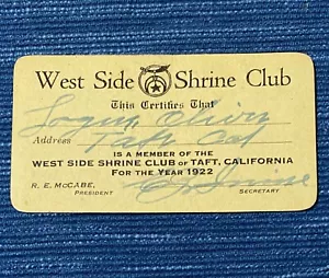 Vintage 1922 Taft California West Side Shrine Club Masonic Membership Card 999A - Bild 1 von 2