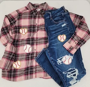 American Eagle HI Rise Jegging 16 & Croft & Barrow XL Baseballs Upcycled SET - Picture 1 of 21