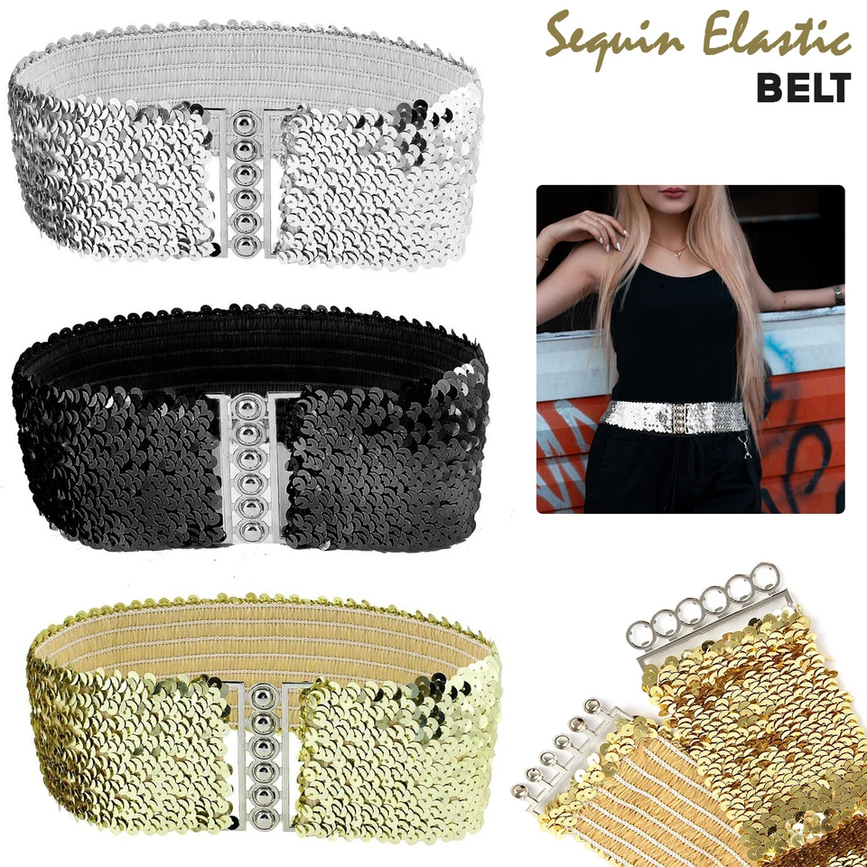 Womens Sequins Elasticated Belt Stretch Women Waist Belt Fashion - 3 Colours - Image 1 of 1