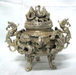 Antique Tibet silver nine dragon censer Old stamp tripod Incense Burner Statue - Picture 1 of 8