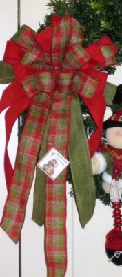 10 " PLAID WIRED BOW DOOR WREATH SWAG GARLAND MAILBOX FENCE POST # 49 - Image 1 of 3